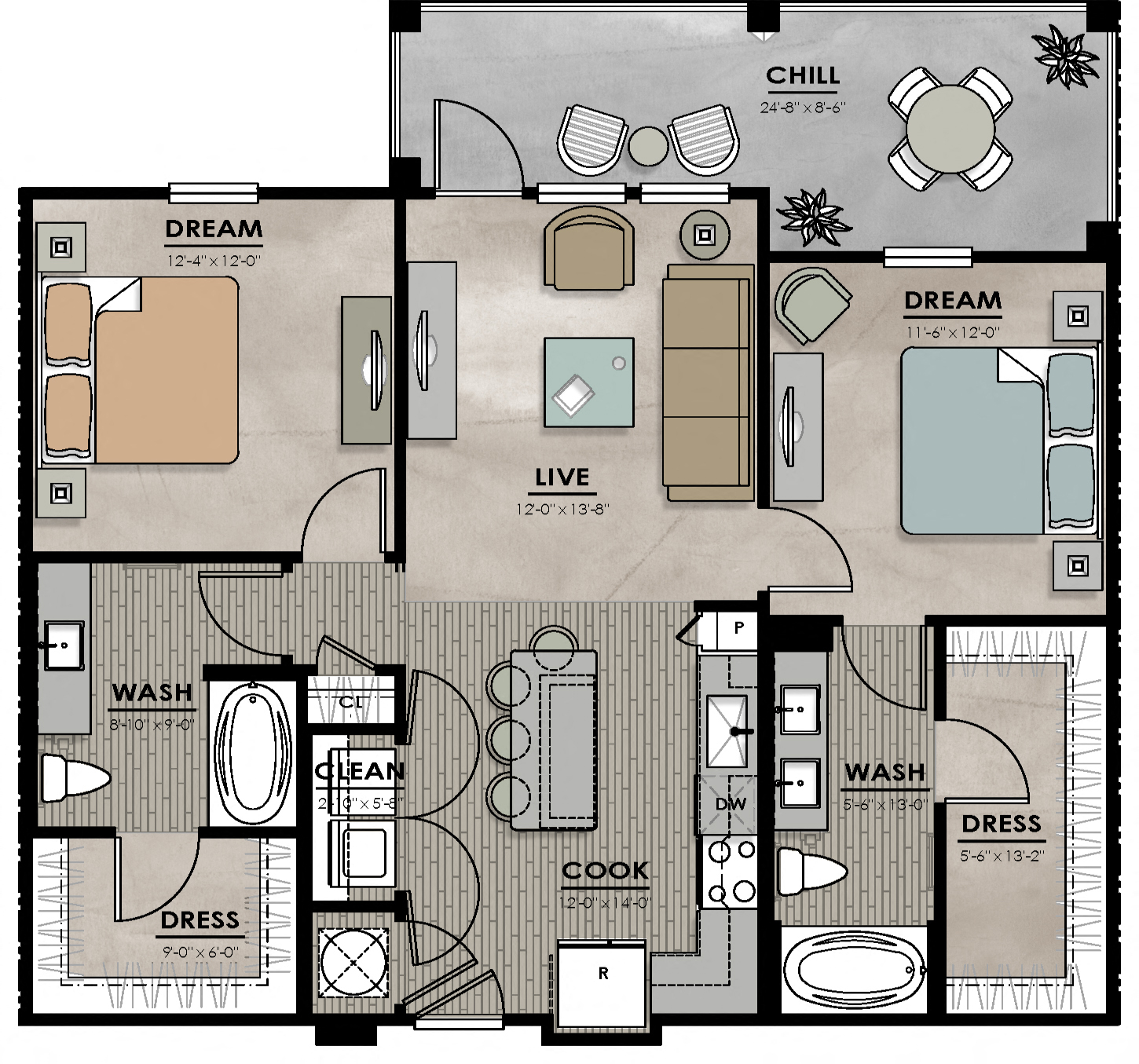 Floor plan for 2 beds, 2 baths, 1030 sqft